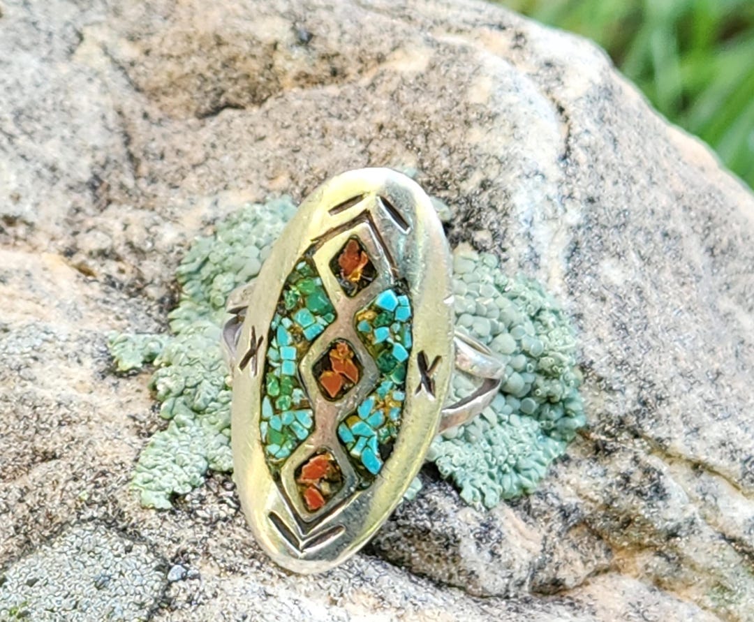 Vintage Navajo Sterling Silver Turquoise Coral Inlay Ring, Size 6.5 - Etsy