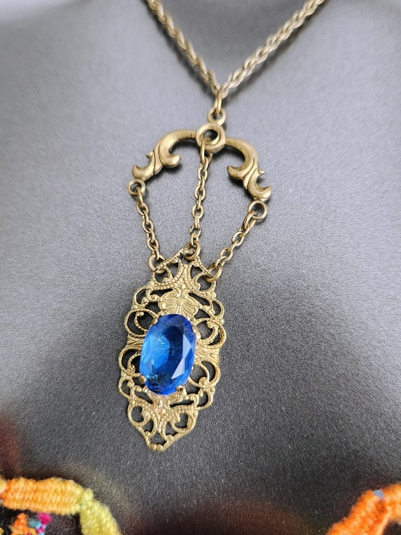 Brass Filigree & Blue Glass Necklace~Lariat Neckl… - image 7