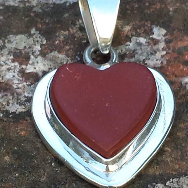Sterling Heart Pendant~Red Natural Lapidary Stone~950 Silver~Natural Gemstone Pendant~Vintage Artisan Jewelry~by JewelsandMetals.