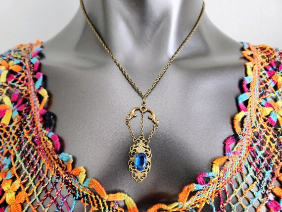 Brass Filigree & Blue Glass Necklace~Lariat Neckl… - image 6