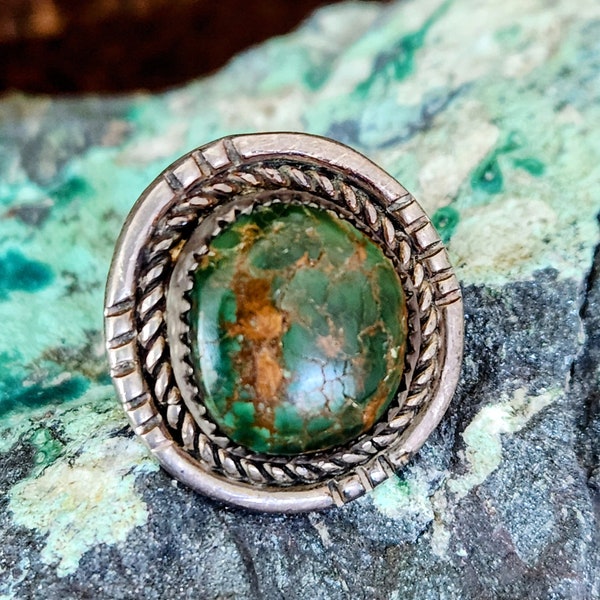 Old Pawn Turquoise Ring~Navajo Ring Sterling & Green Turquoise Native American Ring Size 5.5 to 6