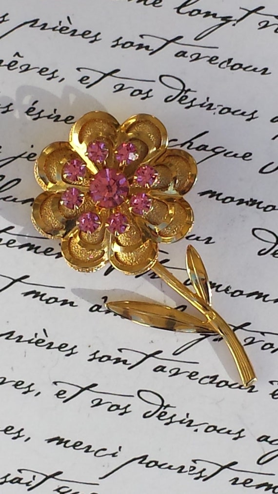 Retro Daisy Brooch~Pink Rhinestone Hippie Pin~Larg