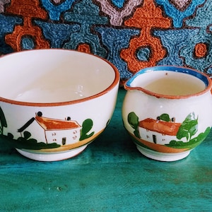 Devon Mottoware Pitcher & Sugar Bowl Hand painted Pottery~English Pottery Torquay Red Clay