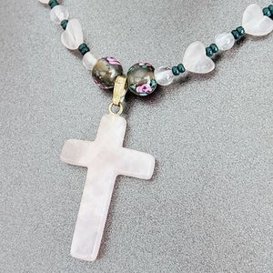 Hand Beaded Rose Quartz Heart & Cross Necklace, Liquid Silver Beads image 6