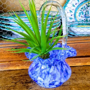 Blue Glass Vase with HandleBlue & White Flower Vase, Candy DishVintage Basket-style VaseSucculent PlanterJewelsandMetals image 1