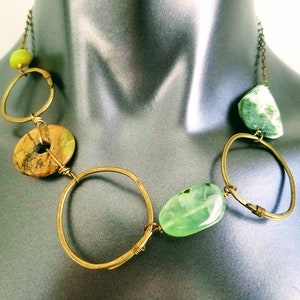 Artisan Brass & Gemstone Necklace~One of a Kind Chunky Statement Necklace~Wire wrapped Stones Handmade Hook Clasp~JewelsandMetals