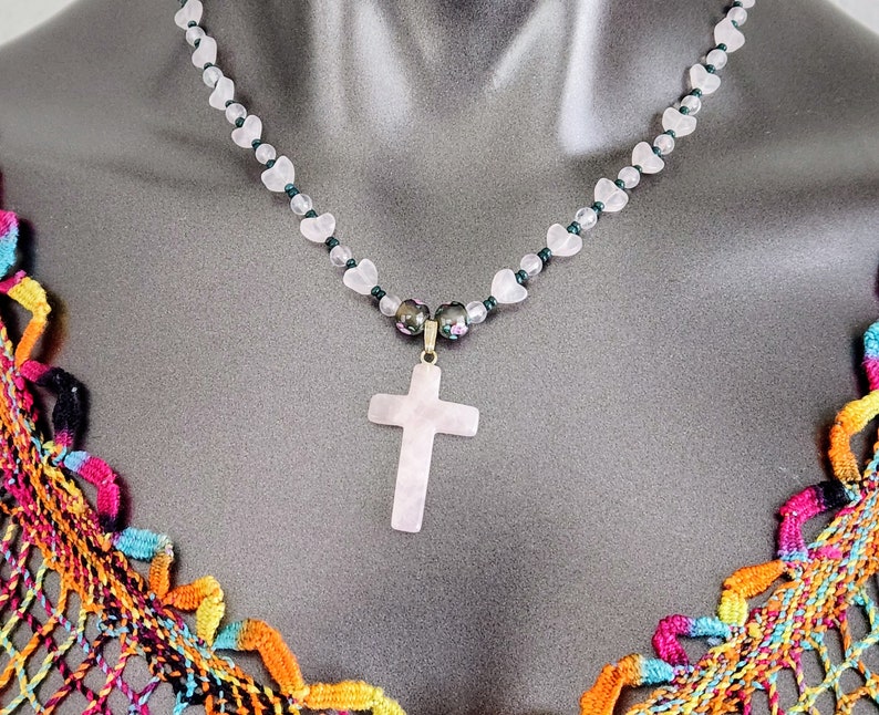 Hand Beaded Rose Quartz Heart & Cross Necklace, Liquid Silver Beads image 4