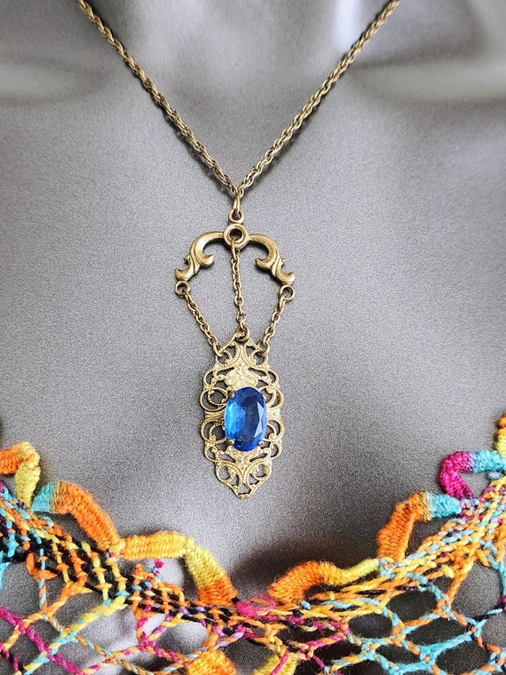 Brass Filigree & Blue Glass Necklace~Lariat Neckl… - image 3