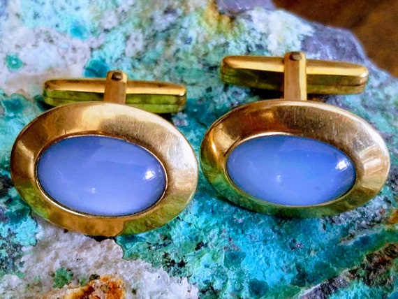 Mid-Century Cufflinks~Brass with Light Blue Glass… - image 2