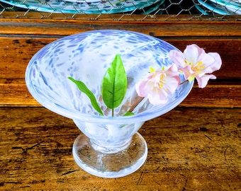 Signed Hand Blown Glass Bowl~Footed Dish~Vintage Artisan Glassware Bowl~Blue & White Glass~JewelsandMetals