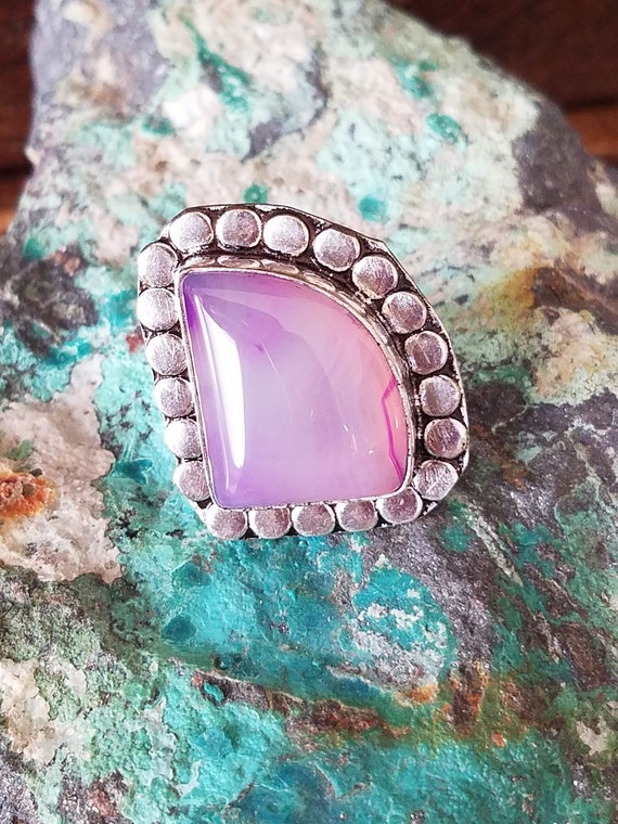 Vintage Purple Agate Statement Ring: Silver Plate… - image 3