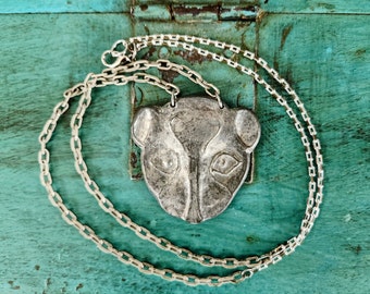 Pewter Lion Face Pendant Assemblage Necklace~Unique Handmade Pendant, 27" Long Necklace