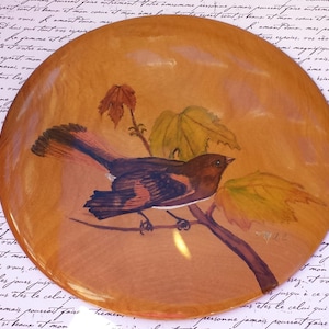 Myrtlewood Bird PlaqueArtist Signed Hand Painted Bird on a LimbVintage Wall Hanging OregonExotic WoodBird Lover GiftJewelsandMetals image 1