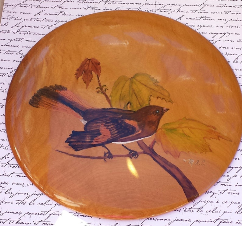 Myrtlewood Bird PlaqueArtist Signed Hand Painted Bird on a LimbVintage Wall Hanging OregonExotic WoodBird Lover GiftJewelsandMetals image 1