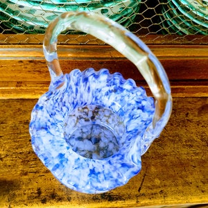 Blue Glass Vase with HandleBlue & White Flower Vase, Candy DishVintage Basket-style VaseSucculent PlanterJewelsandMetals image 4