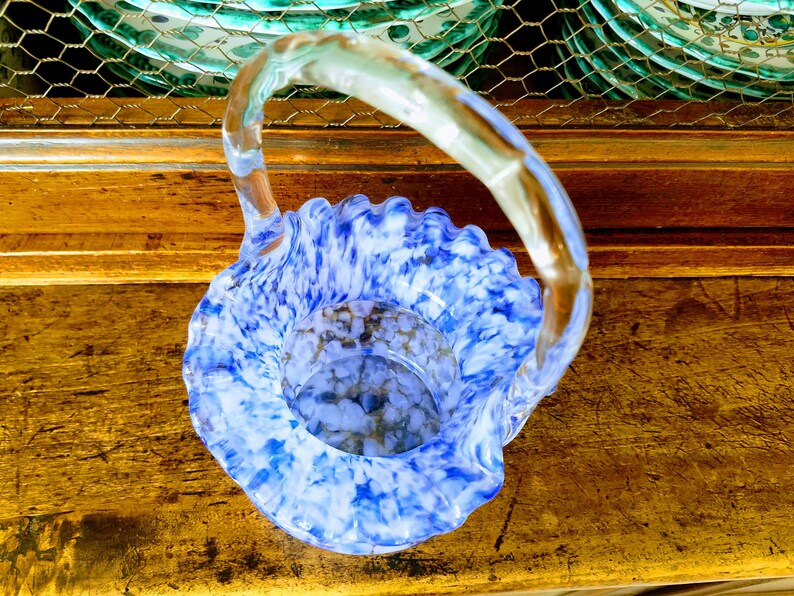 Blue Glass Vase with HandleBlue & White Flower Vase, Candy DishVintage Basket-style VaseSucculent PlanterJewelsandMetals image 4