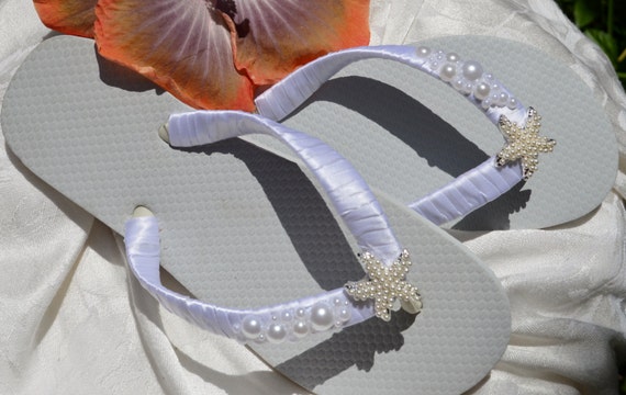 WEDDING FLIP-FLOPS Whitewith starfish & pearls flats or | Etsy