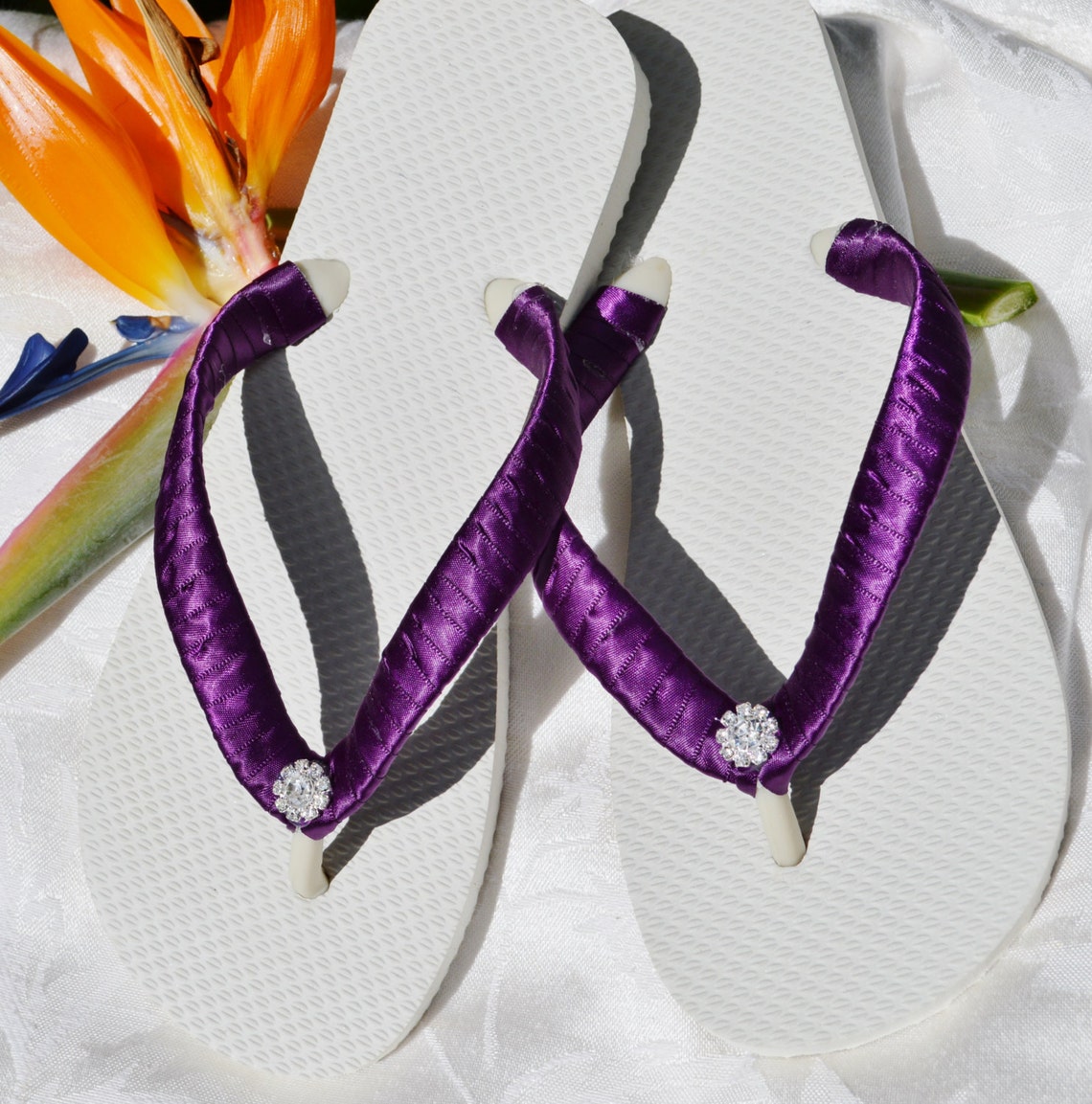 Bridal Party Wedding Flip Flops PURPLE white flats with | Etsy