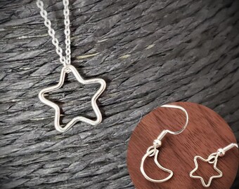 Delicate Star Necklace - Moon Earrings - Sterling Necklace - Lucky Star - Crescent Moon - Celestial Jewelry - Moon and Star - Gift For Her