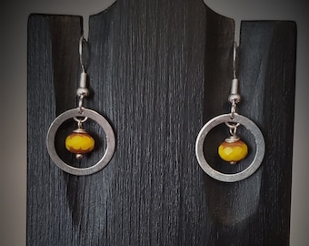 Yellow Dangle Earrings - Sterling - Mustard Yellow Earrings - Dainty Circle Earrings - Simple -Fall Earrings Summer Jewelry -Graduation Gift