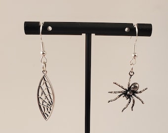 Spider and Web Earrings - Mismatched - Halloween Earrings - Dangle - Sterling Earrings - Spooky Season - Spider Web - Gothic Jewelry