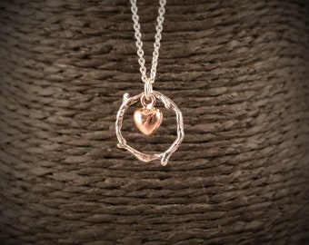 Eternity Necklace - Twig - Circle Necklace -Dainty Sterling Jewelry -Rose Gold Heart Pendant -Karma Jewelry -Love -Valentines Gift -For Her