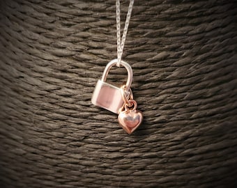 Lock Necklace - Sterling Silver - Rose Gold Heart - Tiny Padlock - Dainty Pendant - Pad Lock - Dainty Lock - Functional - Gift For Her
