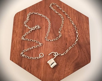 Lock Necklace - Sterling Silver - Unisex - Functional Padlock - Men - Pad Lock Pendant - 4x2.9mm Oval Chain - Front Clasp -Subtle Day Collar
