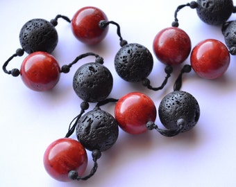 Black stone necklace, Red necklace, Sponge coral necklace, Madrepora, Red and black necklace, Hand knotted necklace, Lava stone necklace
