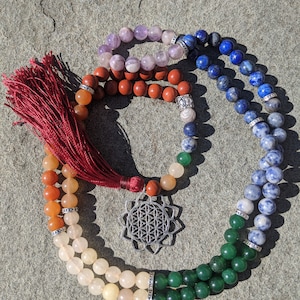 Chakra Rainbow Mala Beads with Flower of Life Pendant