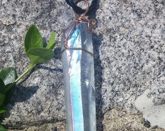 Angel Aura Quartz Pendant, Copper Wire Wrapped, Silk Rope Necklace