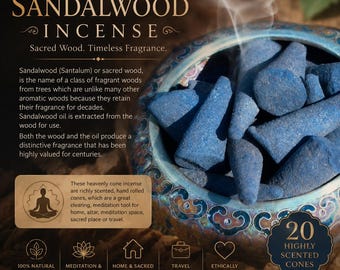 May include: A decorative bowl filled with blue sandalwood incense cones. The image includes text that reads "Sandalwood Incense" and "20 Highly Scented Cones". The incense is described as a meditation tool for home and sacred spaces.