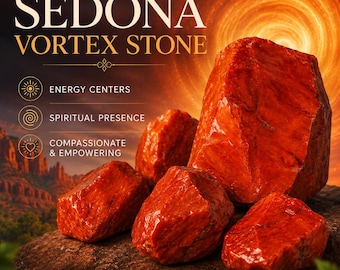 May include: A collection of raw, vibrant red stones arranged on a dark, textured surface. The text reads SEDONA VORTEX STONE, ENERGY CENTERS, SPIRITUAL PRESENCE, COMPASSIONATE & EMPOWERING, and CONNECT. ALIGN. BE EMPOWERED. The background features a glowing sun.