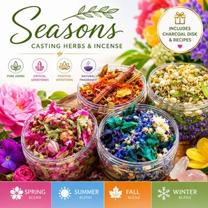 May include: Four clear circular containers filled with dried herbs and flowers, labelled as Seasons Casting Herbs & Incense. The set includes blends for spring, summer, fall, and winter, featuring colourful petals, leaves, and stems, with a note that charcoal disks and recipes are included.