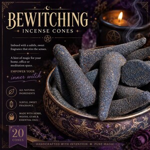 May include: A close-up of a bowl filled with dark gray incense cones. The bowl has a decorative purple and gold design. The text "BEWITCHING INCENSE CONES" is at the top of the image. The image also includes the text "20 CONES".