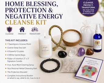 May include: A complete home blessing and negative energy cleanse kit. The kit includes a sweetgrass incense braid, sea salt, crystals, a candle, a bracelet, and a booklet. The kit also includes a 118 ml Aura Myst clearing spray. The text on the image says "Cleanse, Protect, Transform."