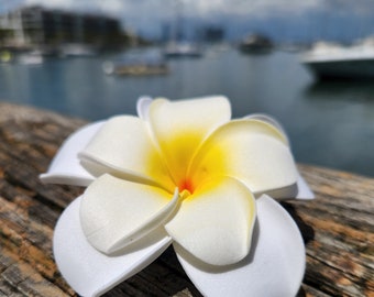 White & Yellow Foam Plumeria Flower Clip, Tropical Hair Accessory