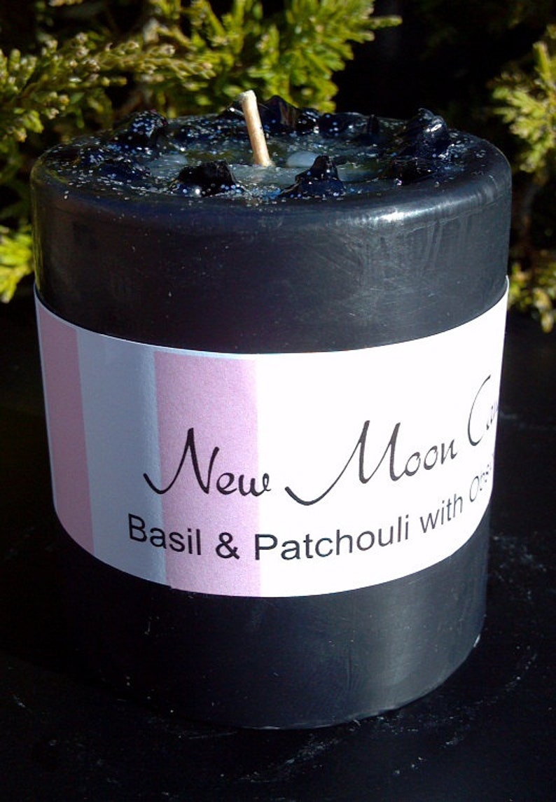 New Moon Candle, Scented New Moon Candle with Essential Oils and Crystals, Basil, Patchouli, Obsidian, 3 x 3 Ritual Candle, NewMoon Candle image 4