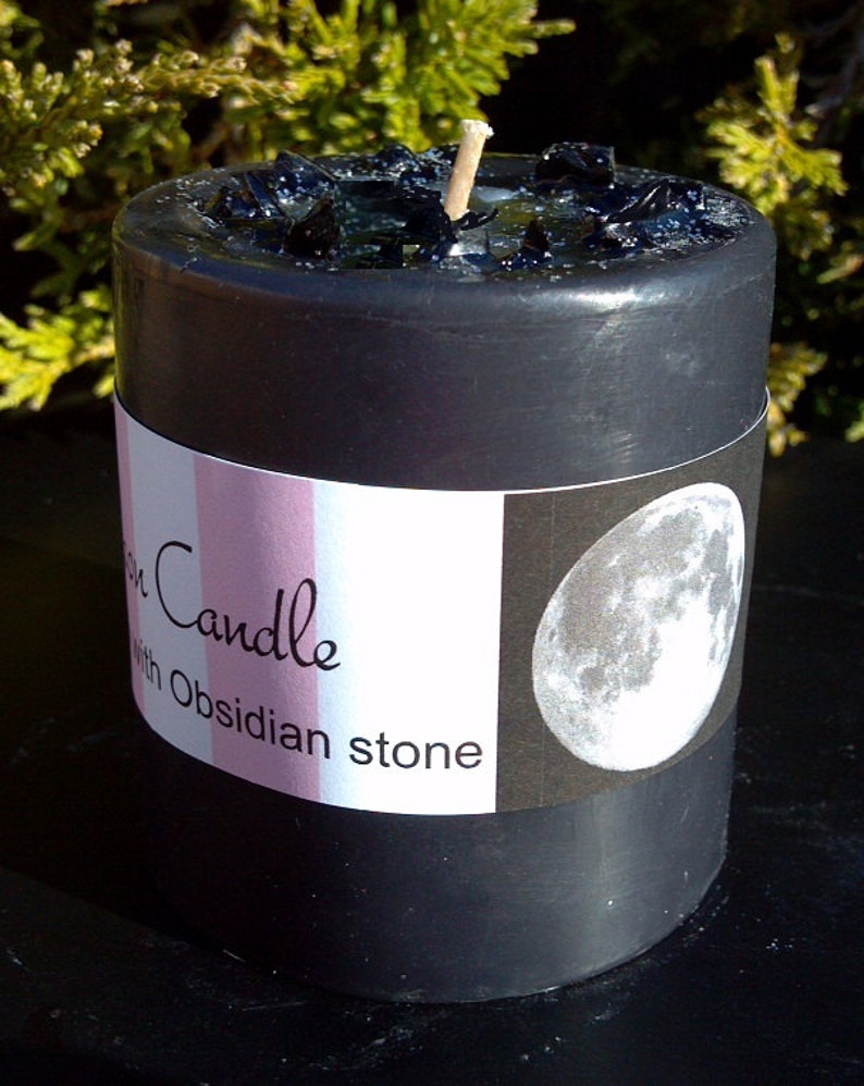 New Moon Candle, Scented New Moon Candle with Essential Oils and Crystals, Basil, Patchouli, Obsidian, 3 x 3 Ritual Candle, NewMoon Candle image 1