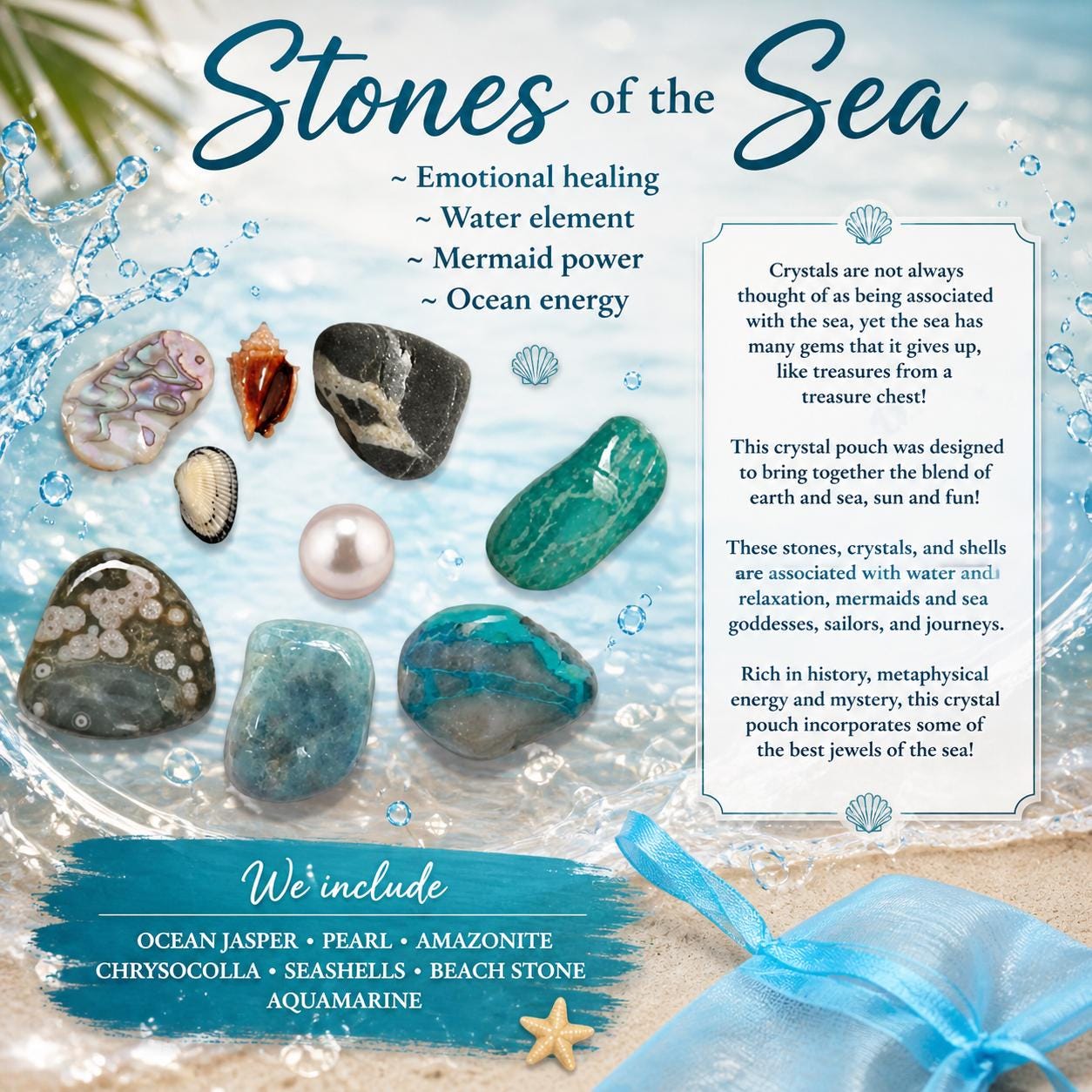 Sea Stone Crystal Pouch, Aquamarine, Pearl, Ocean Jasper - Etsy
