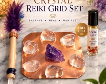 Crystal Reiki Grid Set, Quartz, Amethyst, Copper Plate, Wand & Elixir