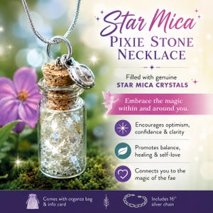 May include: A clear glass Pixie Stone necklace pendant filled with star-shaped crystals, cork stopper, and silver chain. The pendant is suspended from a silver chain. The text on the image says "Star Mica Pixie Stone Necklace."