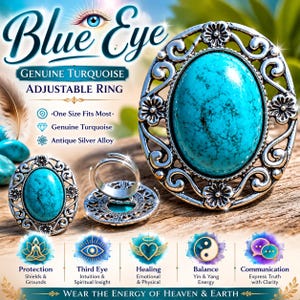 May include: An adjustable ring with a genuine turquoise stone set in an antique silver alloy. The ring features an oval turquoise stone and is described as "Blue Eye" with the text "Wear the Energy of Heaven & Earth."