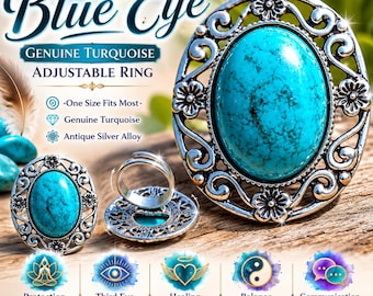Adjustable Turquoise Ring, Hand-Hammered Silver Alloy, Healing Stone