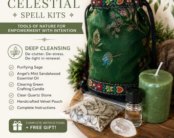 May include: A Celtic Cleansing Celestial Spell Kit with a green velvet pouch, sage, essential oil, a green candle, and a clear quartz stone. The kit includes complete instructions and a free gift. The text on the image says "Tools of Nature for Empowerment with Intention."