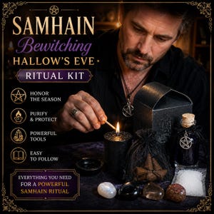 May include: A Samhain Bewitching Hallow's Eve ritual kit featuring a black candle, incense cones, a glass bottle with a pentacle charm, white salt, and four polished stones. The text reads Samhain Bewitching Hallow's Eve Ritual Kit.