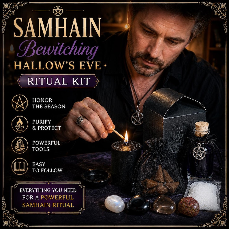 May include: A Samhain Bewitching Hallow's Eve ritual kit featuring a black candle, incense cones, a glass bottle with a pentacle charm, white salt, and four polished stones. The text reads Samhain Bewitching Hallow's Eve Ritual Kit.