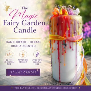 May include: A white, hand-dipped candle with colorful wax drips and a ribbon. The candle is 3 inches by 6 inches and is part of The Fantastical Elementals Candle Collection. The text on the candle reads "The Magic Fairy Garden Candle".