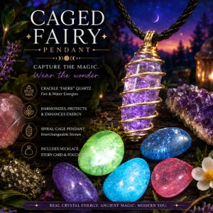 May include: A pendant necklace featuring a large, purple crystal encased in a gold-colored spiral cage. The image includes several colorful stones and text that reads "Caged Fairy Pendant" and "Capture the magic. Wear the wonder."