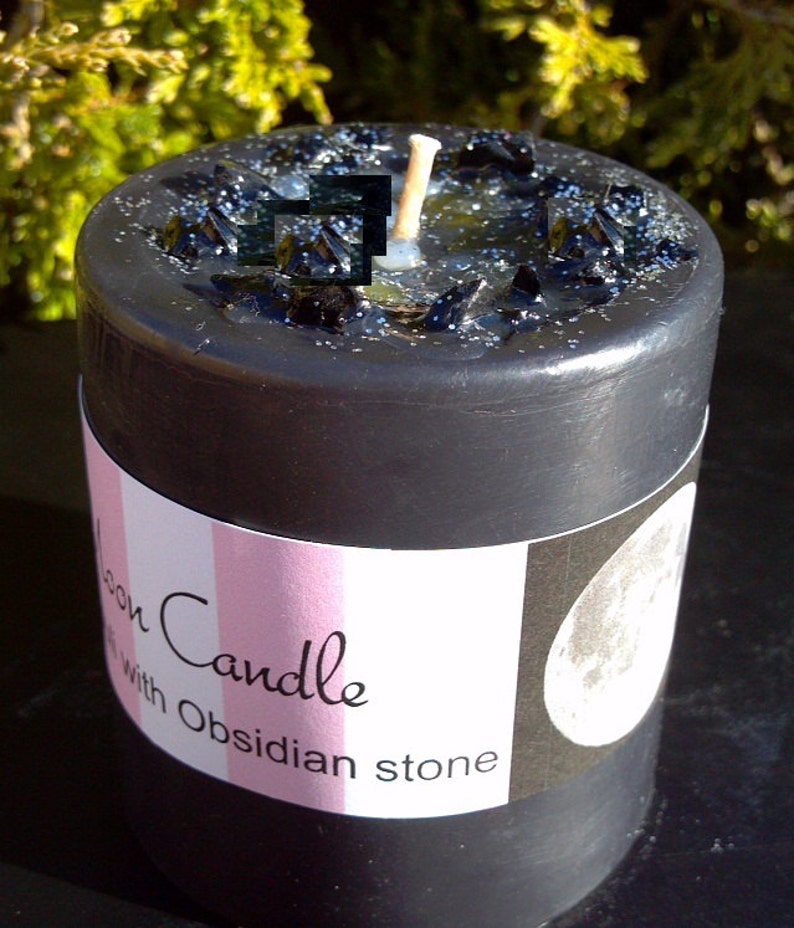 New Moon Candle, Scented New Moon Candle with Essential Oils and Crystals, Basil, Patchouli, Obsidian, 3 x 3 Ritual Candle, NewMoon Candle image 3